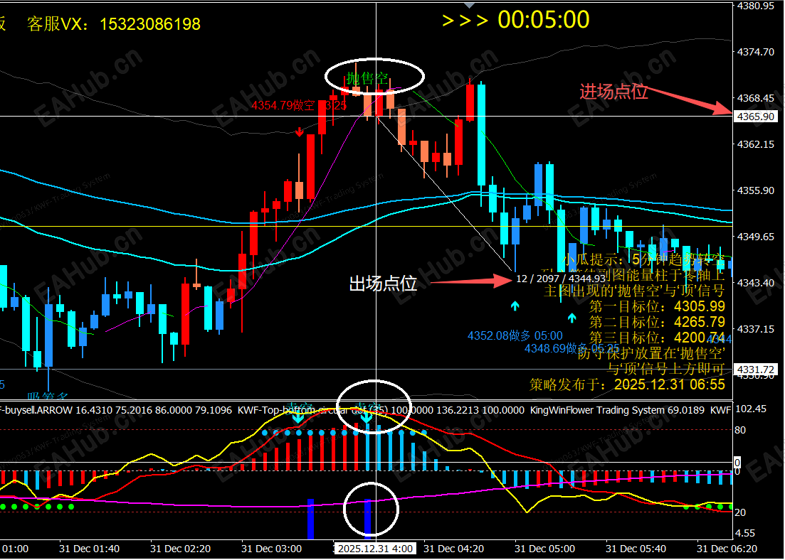 5分钟周期出现抛售空，4365进场-4344出场，出现反向信号即离场，拿到21个点的利润 ...