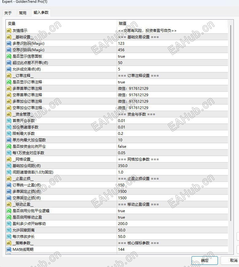 多/空识别码 (Magic): 独立识别多单与空单，支持双向同时交易而互不干扰。  风控过滤 (Spread/Slippage):  ...